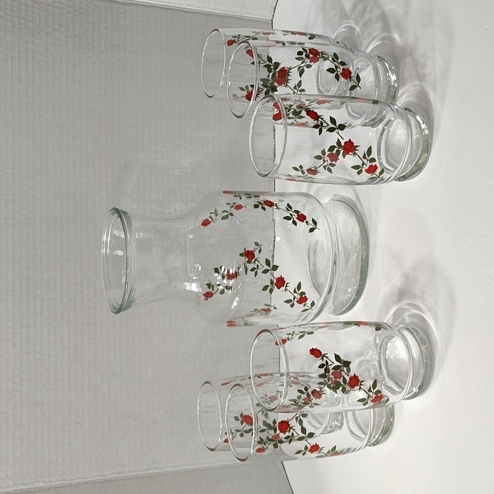 Vintage Anchor Hocking Red Rose Vine Juice Carafe and 6 Glasses -